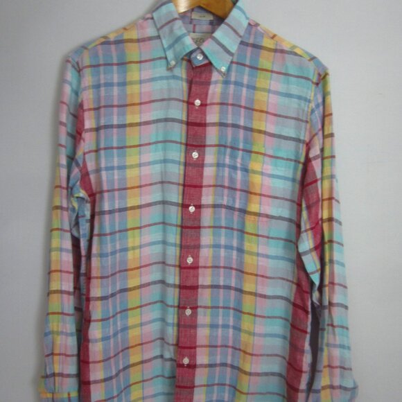 J Crew Mens Medium Slim Aqua Blue Red Yellow Plaid Baird McNutt Linen LS Shirt - Picture 1 of 11